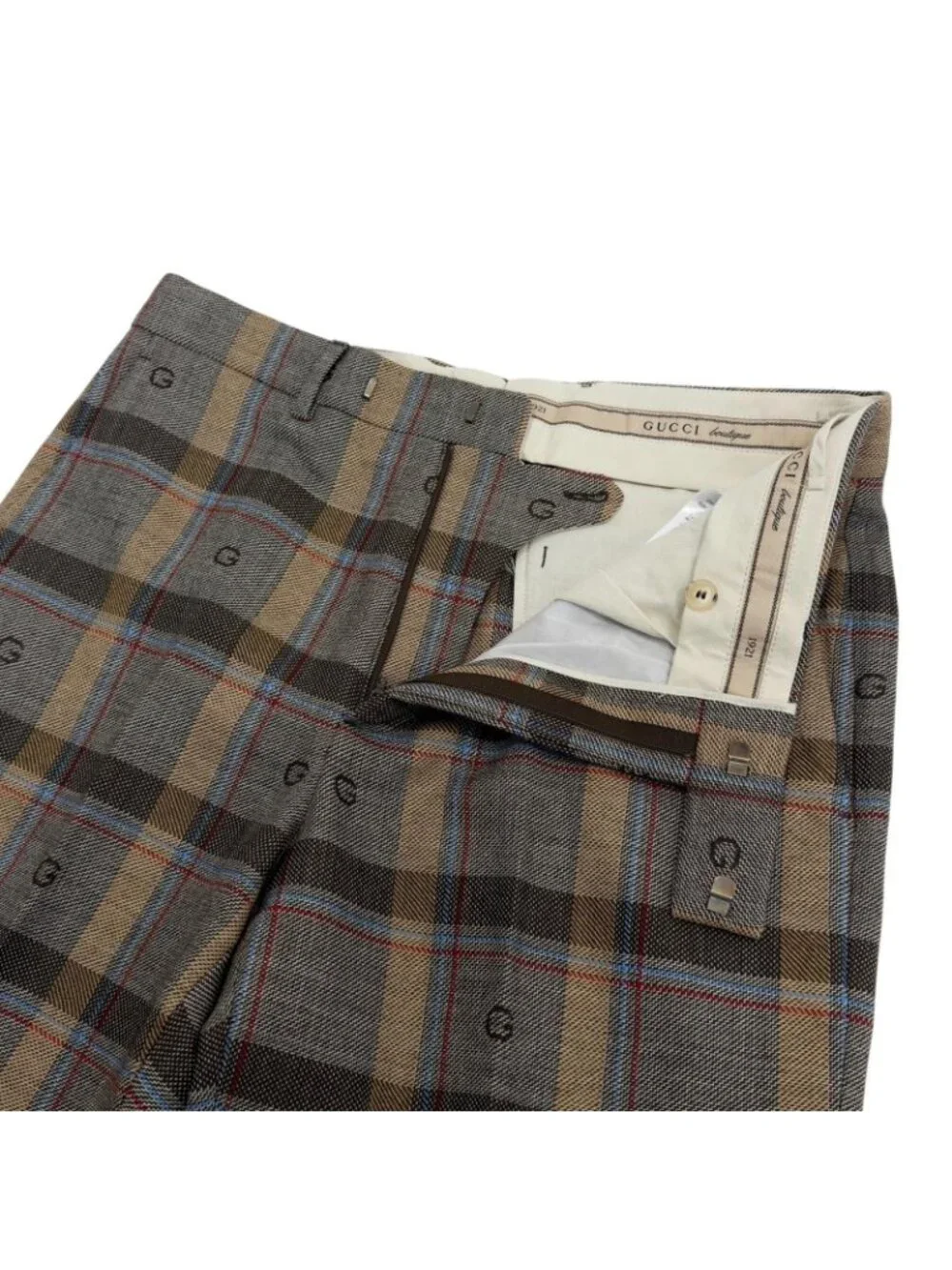 Gucci Wool 100% G Logo Tucked Center Crease Check Trousers Brown Pants 48